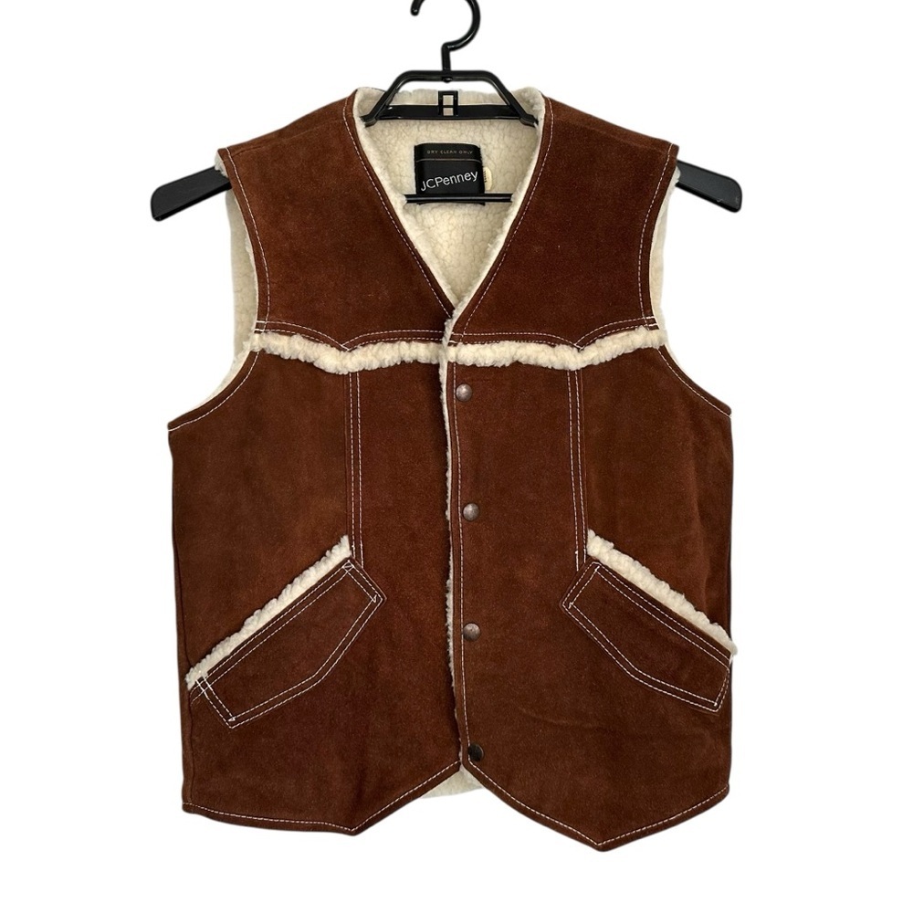 Vintage JCPenney Mens Suede Leather Sherpa Lined Vest Sz Small Brown Western